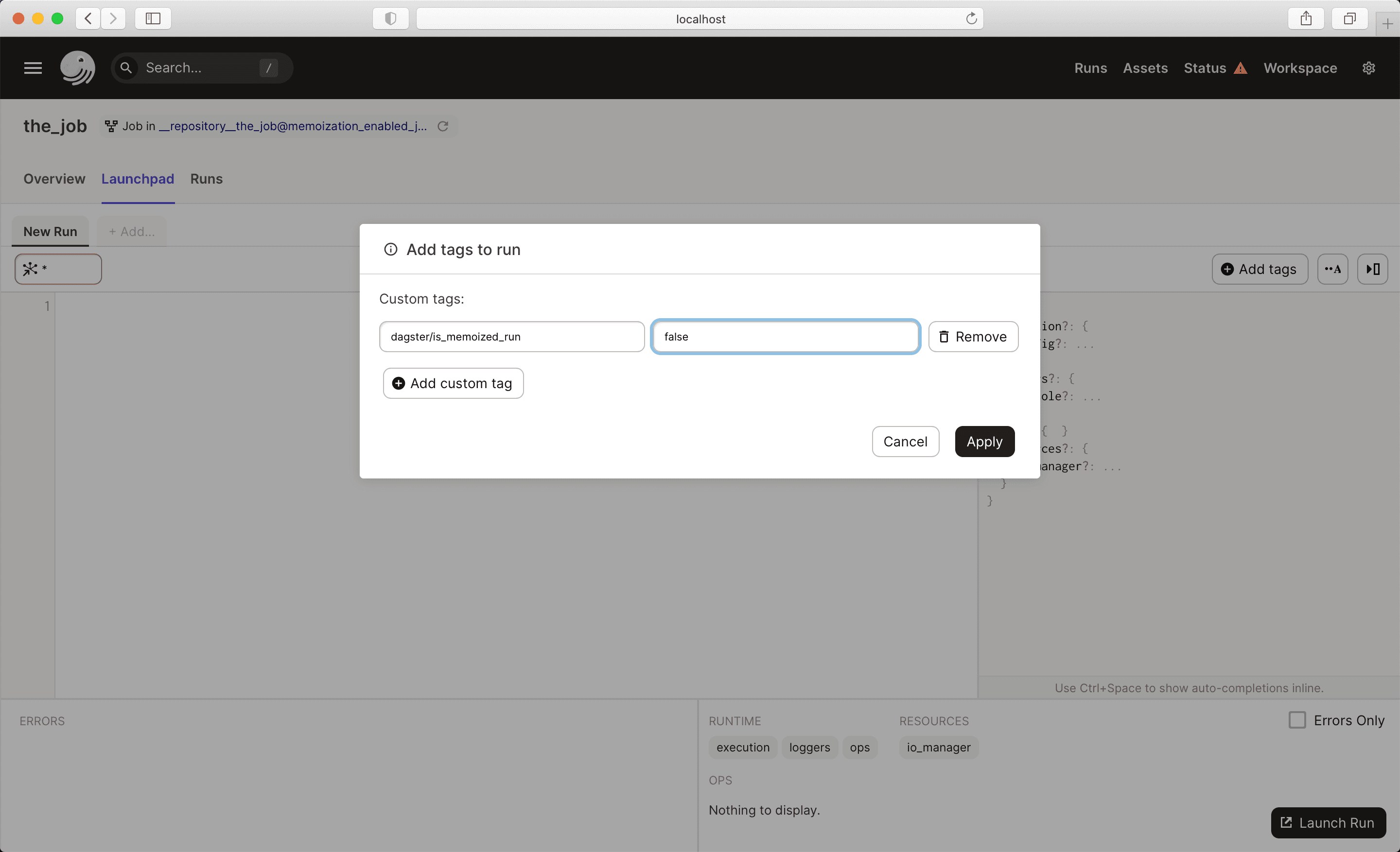 Adding custom tag to disable memoization in Dagit